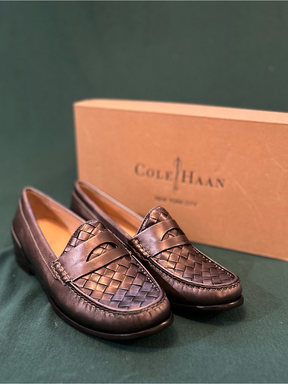 Cole Haan Dark Brown Woven Leather Penny Loafers